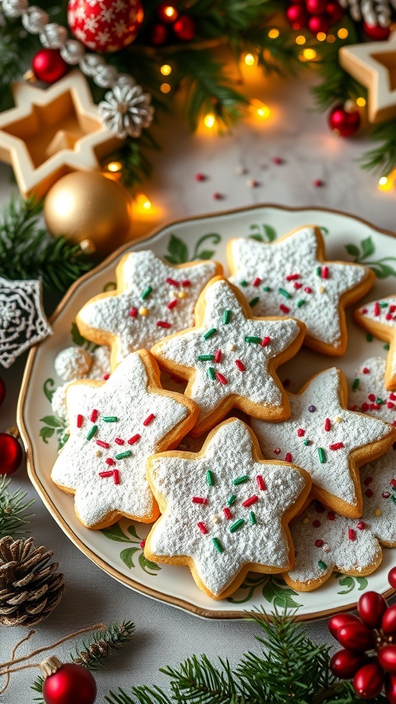 A plate of colorful Christmas cookies with sprinkles and powdered sugar, surrounded by holiday decorations.